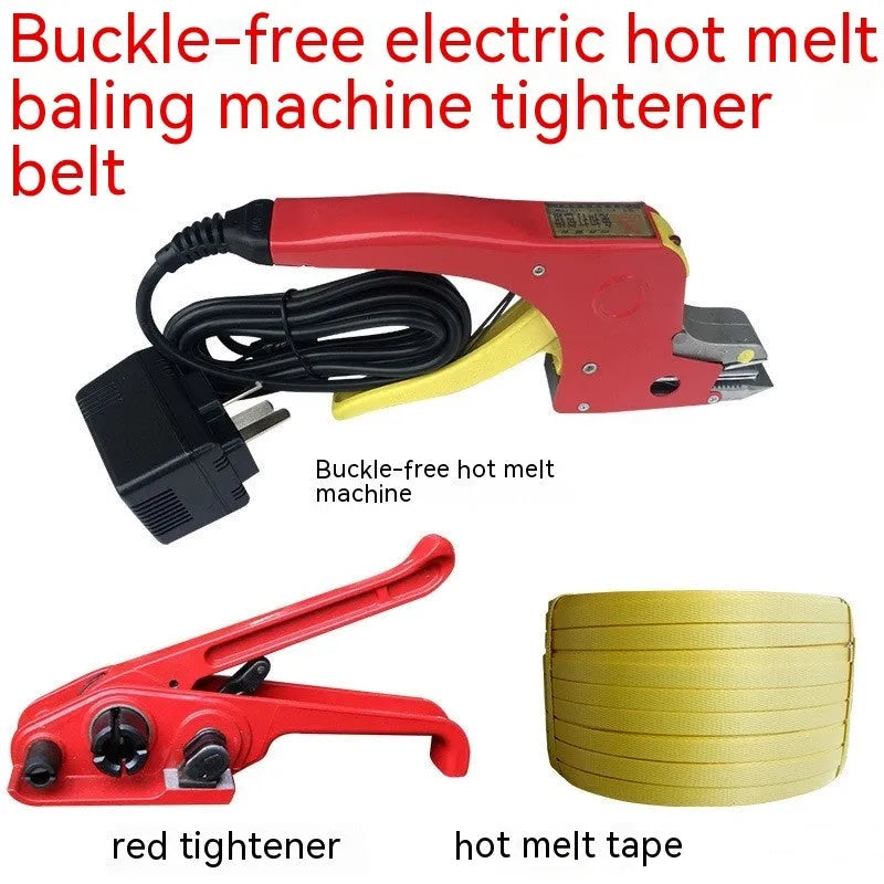 Electric hot melt packing machine with plastic steel tensioner and yellow packaging tape on work surface