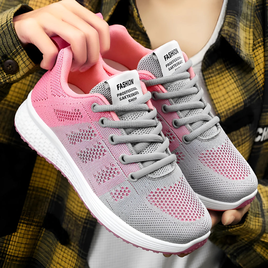 Women's flyknit running shoes with soft sole and flat heel in black, rose red, or grey pink colours