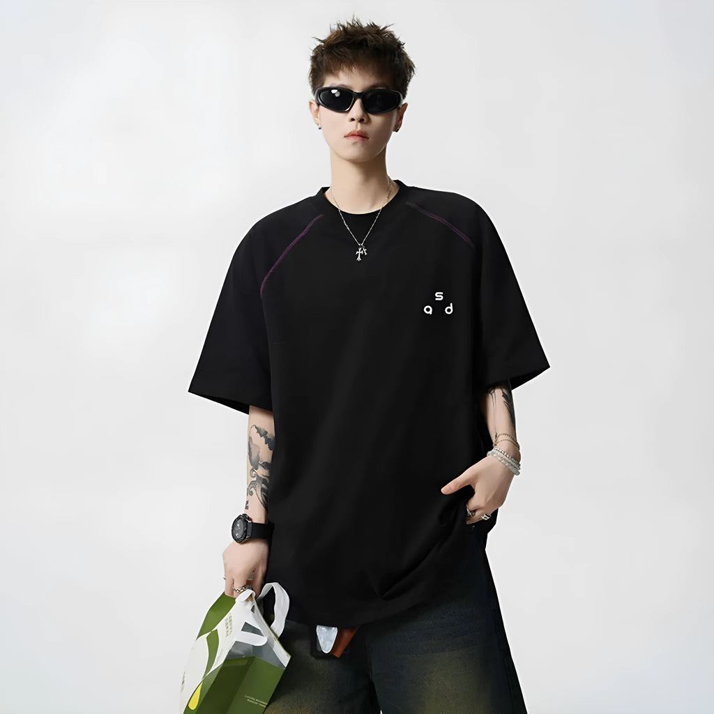 Men's loose fit cotton T-shirt in black and white colours with round neck and short sleeves