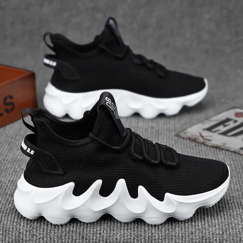 Men's black lightweight sock-like casual shoes with a flat heel and lace-up front.