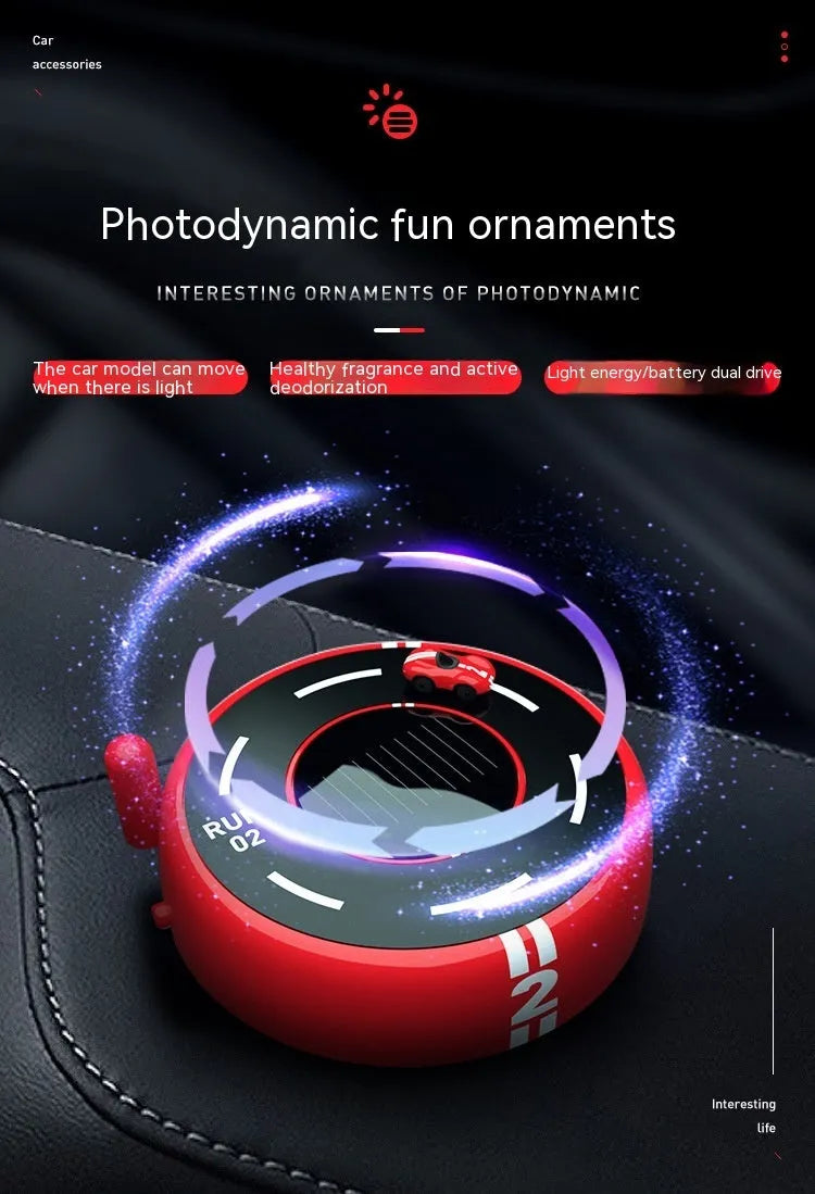 Solar-powered round car aromatherapy decoration with LED lights in black, red, and white colour options