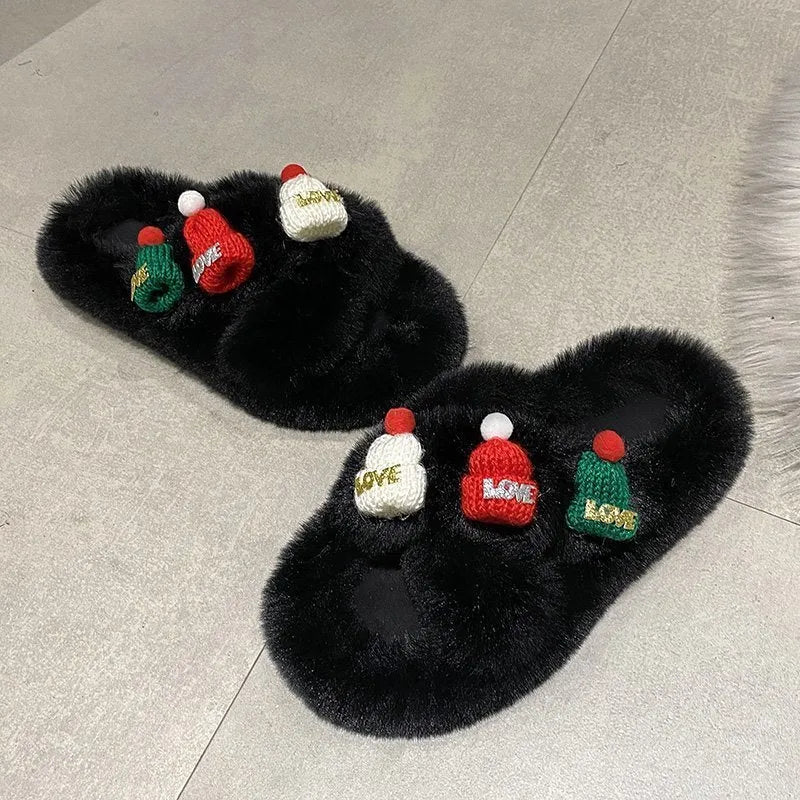 Women's Christmas hat slippers in black, khaki, or white with faux plush upper.