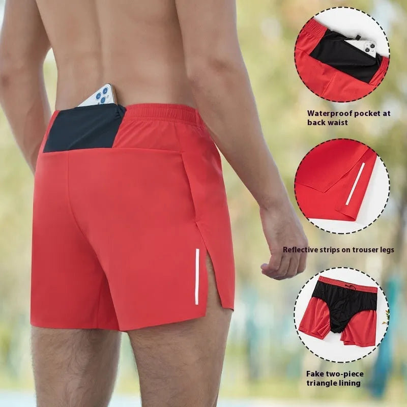 Men's black off-road running shorts with high waist and loose fit for marathon running.