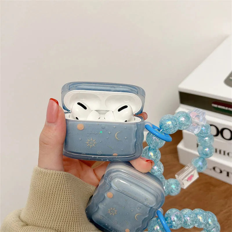 Wavy edge blue starry sky TPU soft shell earphone case for AirPods with chain