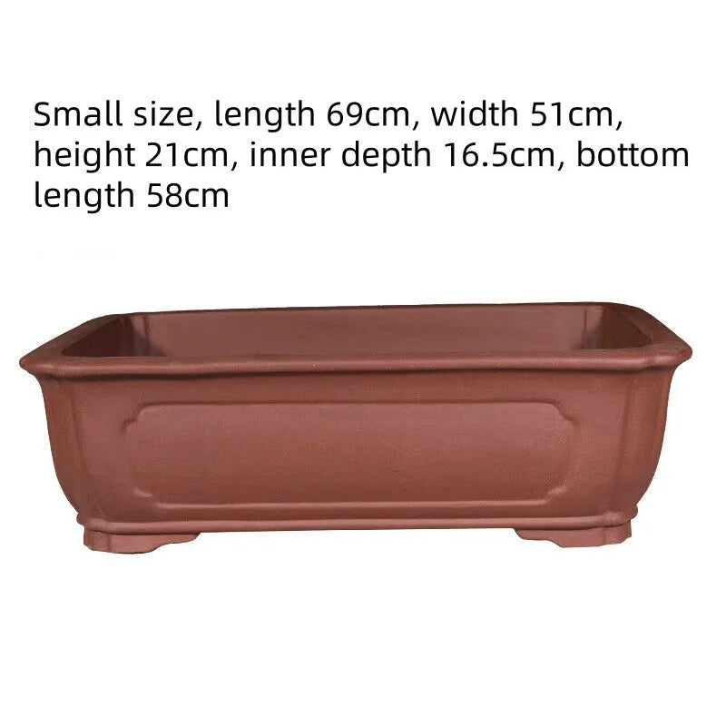 Large rectangular handmade purple clay flowerpot for bonsai or large plants, shown in three size options.