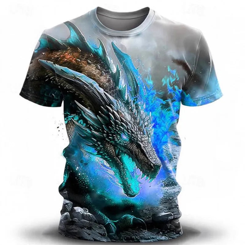 Men's grey T-shirt with a detailed 3D wind dragon graphic on the chest, short sleeves, thin milk silk fabric.