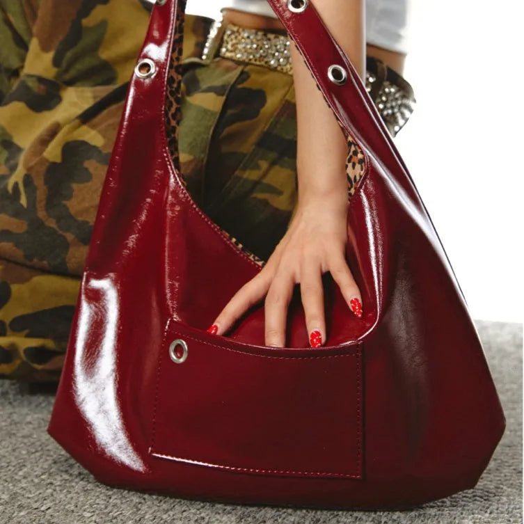 Red leopard print women's shoulder bag with dumpling shape and two-side large capacity design