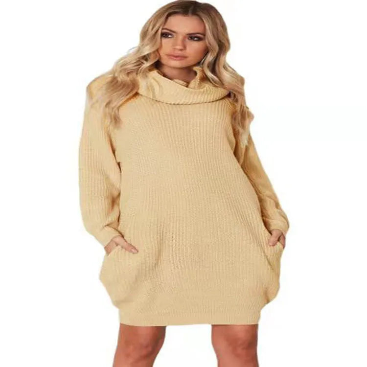 Women's lapel collar pullover sweater with side pockets in loose slimming mid-length fit