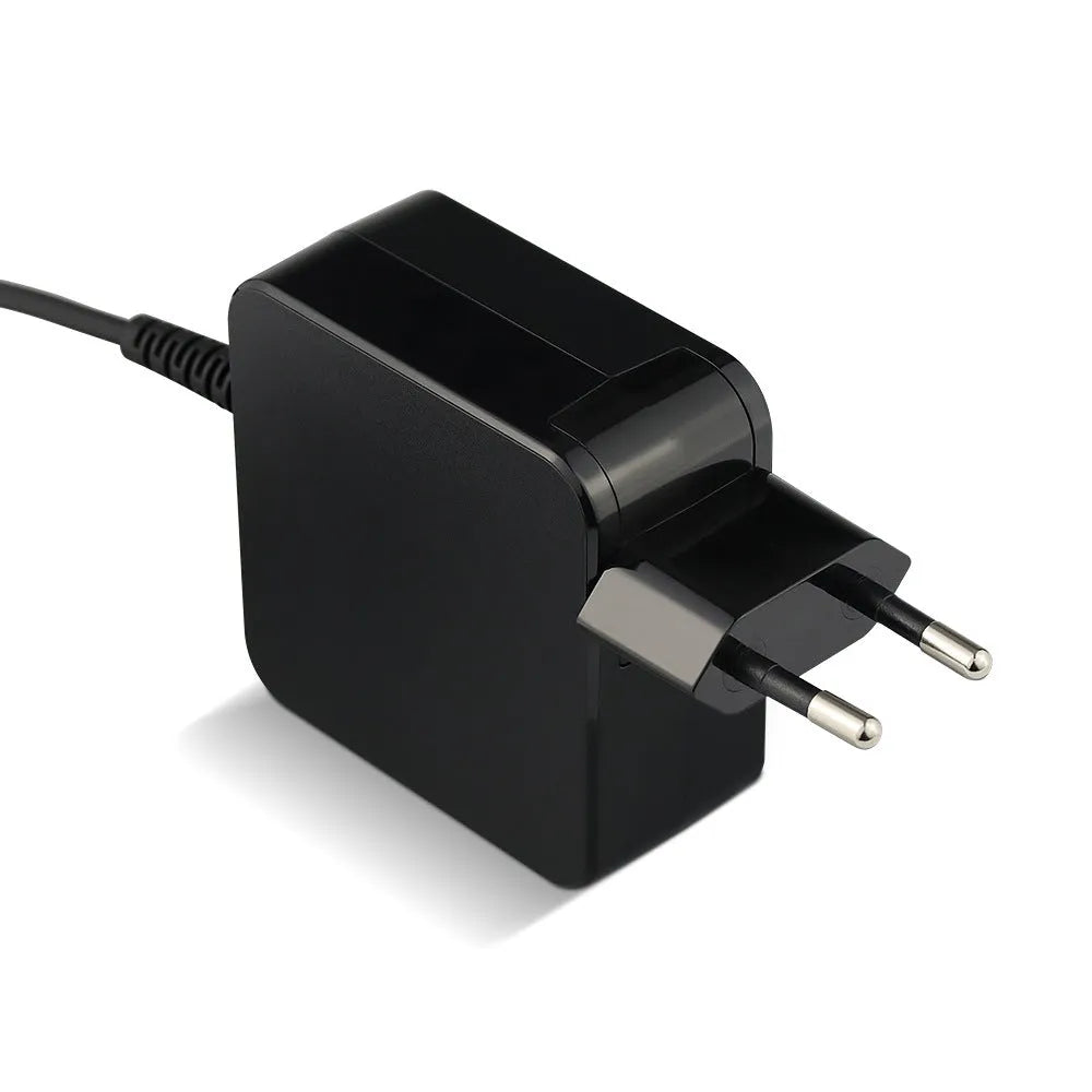 Black 45W laptop power adapter with DC connector for US and EU plugs