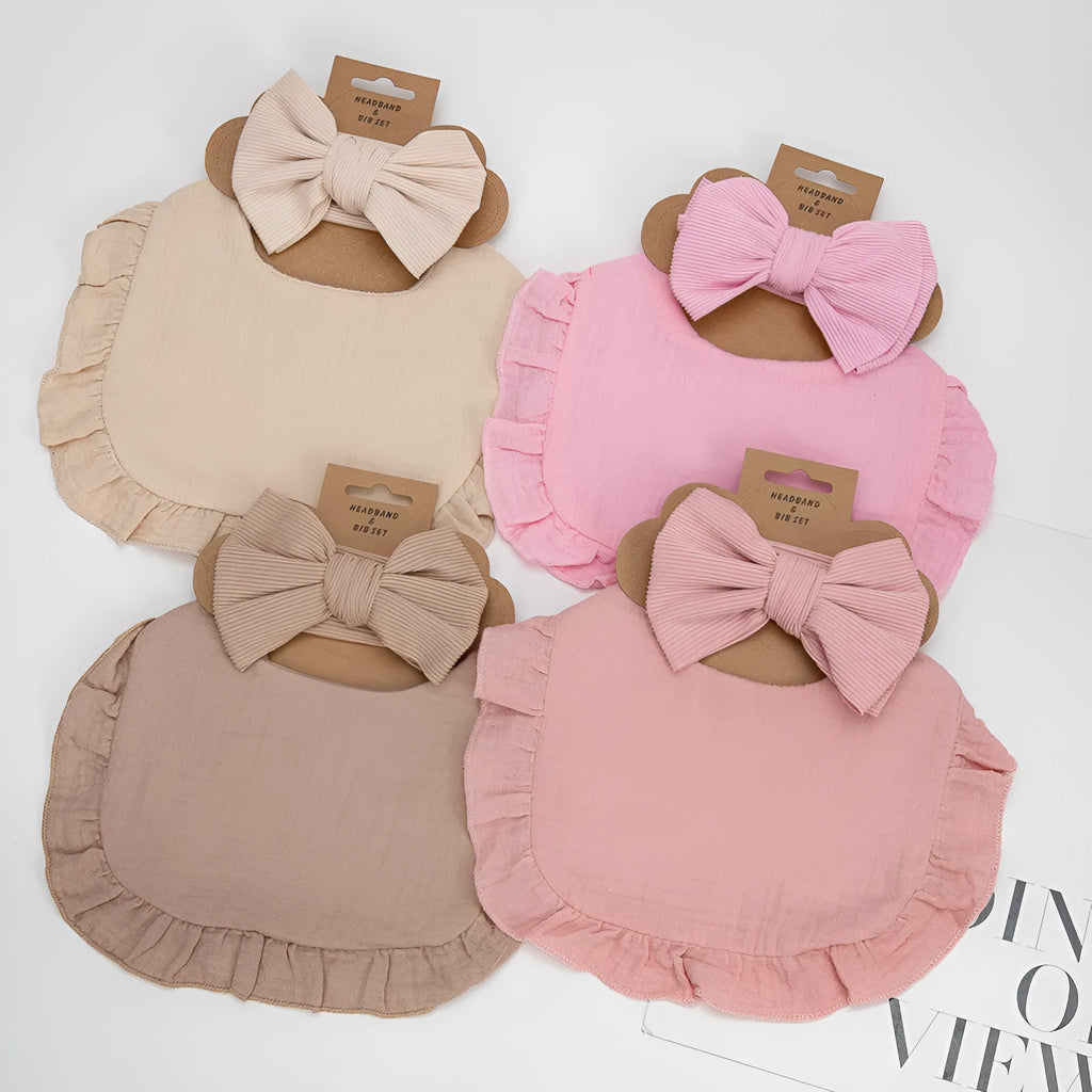 Pure cotton baby bib and headband set in solid colour for girls, absorbent and machine washable