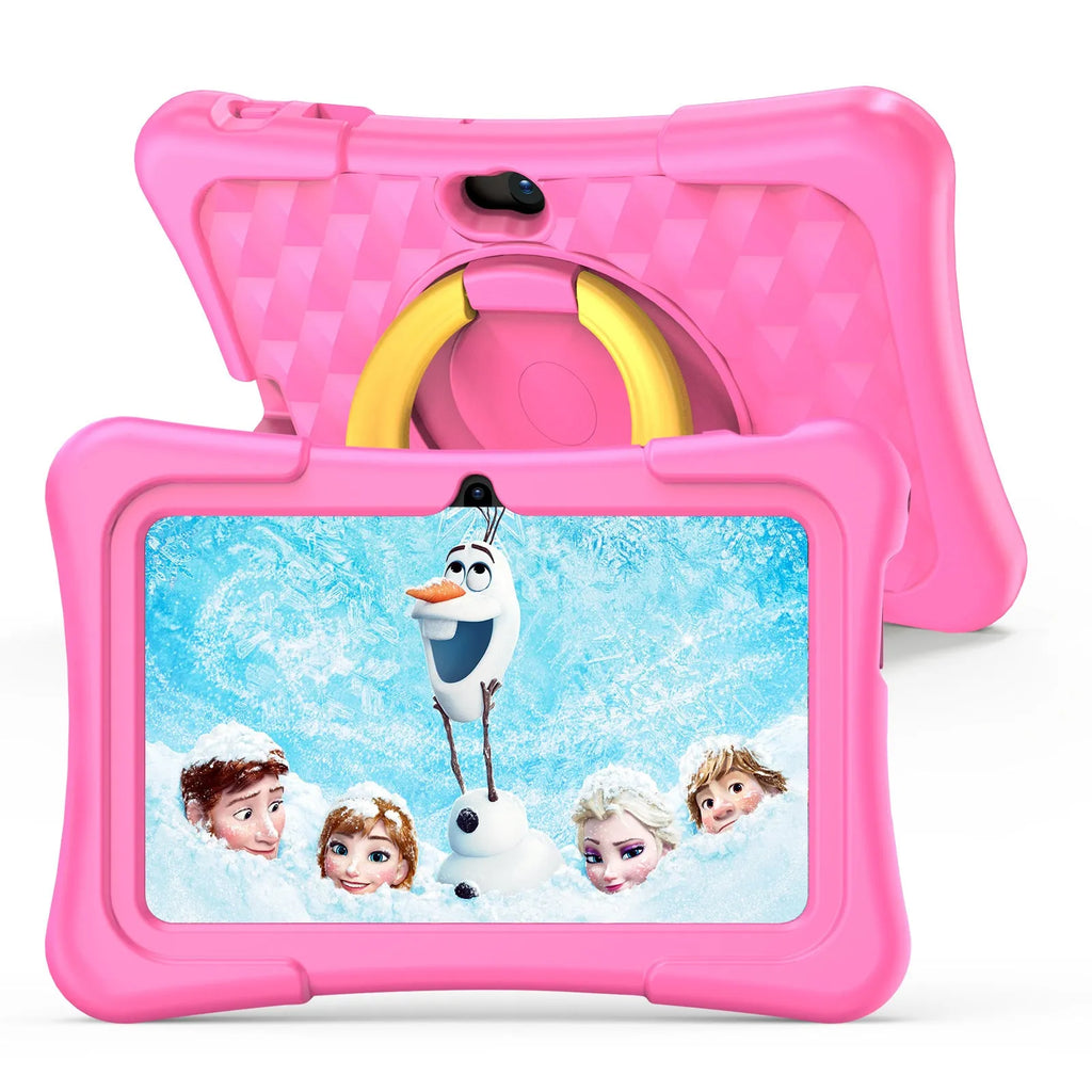 Blue children's educational tablet with a fitted silicone protective cover, showing the 7-inch screen