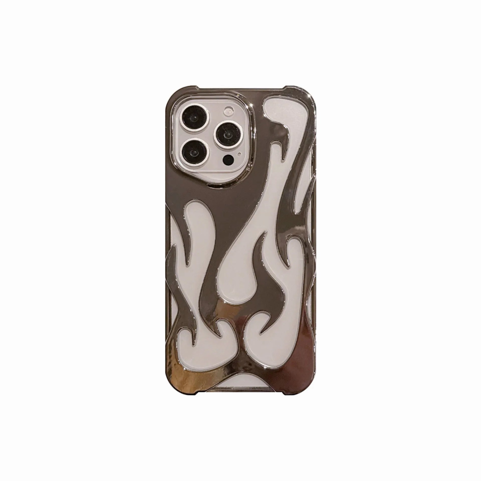 Electroplated hollow flame pattern soft TPU phone case for Apple iPhone on a table.
