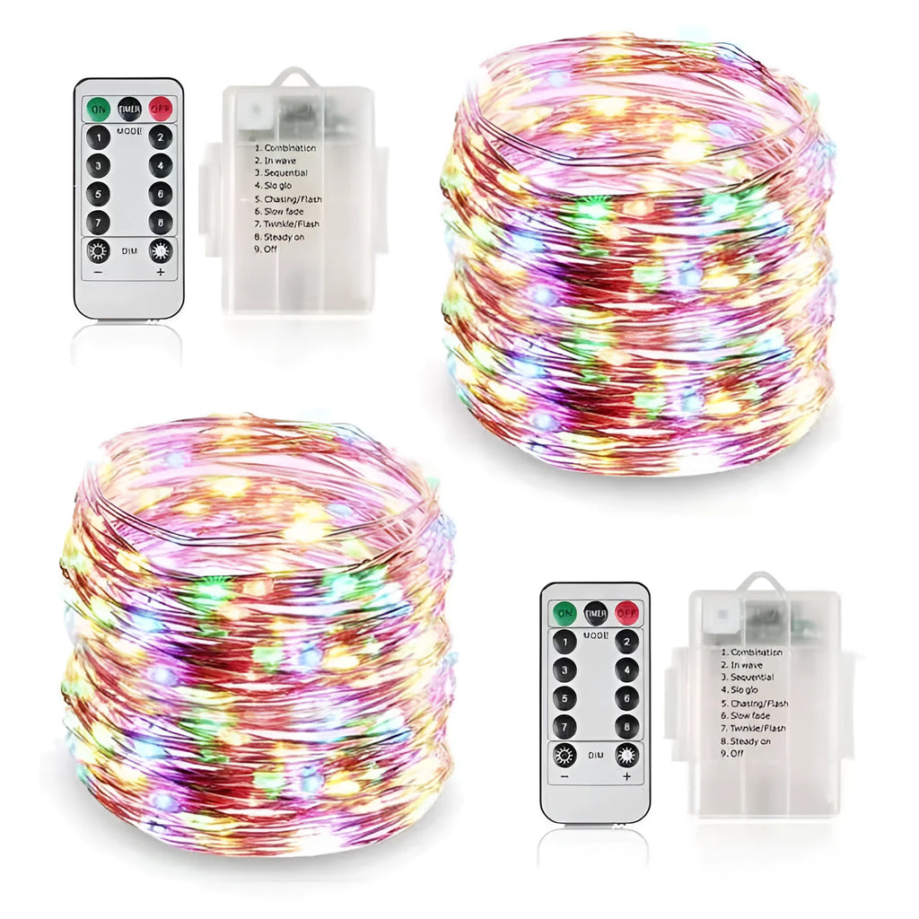 12-metre long flexible copper wire LED string light with 120 bulbs and a battery control box.