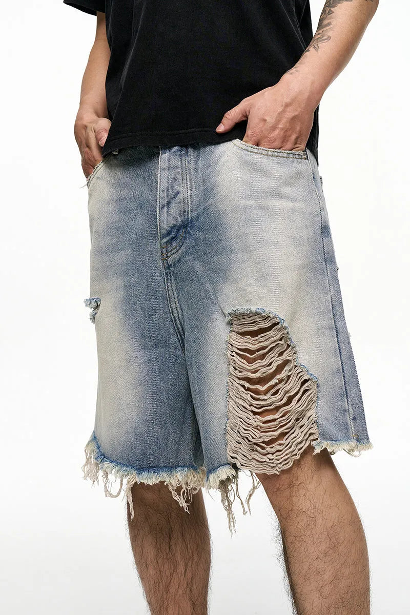 Light blue retro washed men's baggy denim shorts with wide leg cut and mid waist