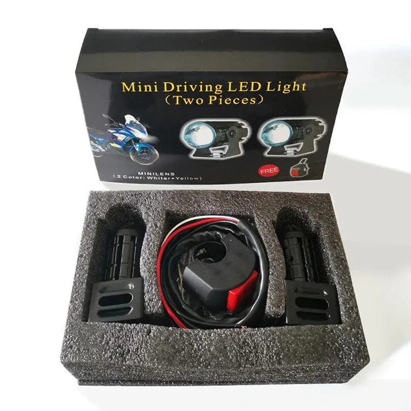 Aluminium motorcycle spotlight with dual-colour lens for 12-80V electric vehicles, showing IP68 waterproof rating.