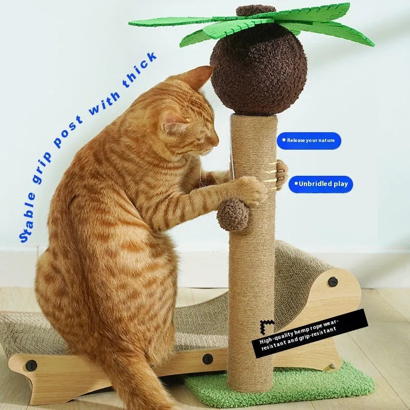 Wooden beach chair shaped cat climbing frame with integrated scratch mat and raised cat nest.