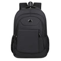 Black Oxford cloth multi-layer student backpack with curved shoulder straps, shown with compartments open.