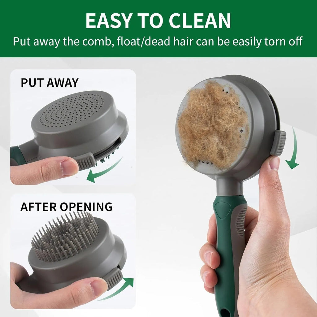 Green and pink dual-sided pet brush showing retractable slicker brush and silicone massager on a white background