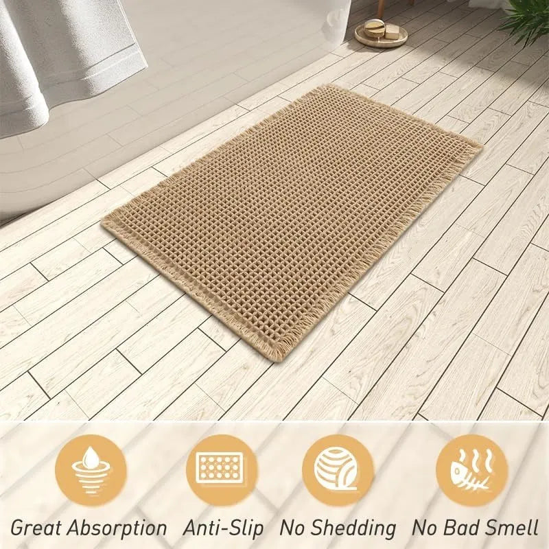 Checkered patterned absorbent bathroom carpet on floor showing non-slip woven base in beige colour.