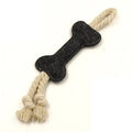 Blue bone-shaped dog chew toy made of felt fabric with visible rope knots.