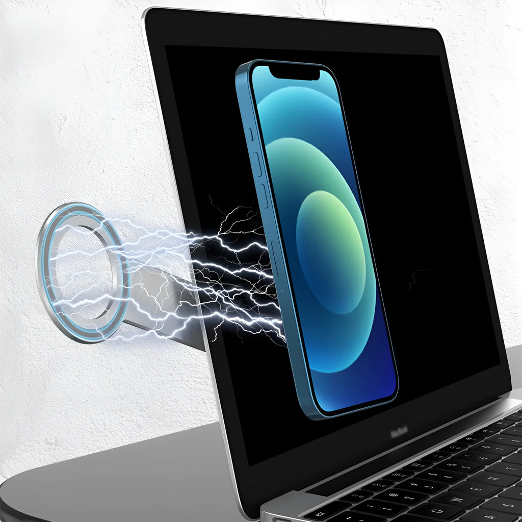 Metallic silver aluminium alloy magnetic phone holder for iPhone on a desk.