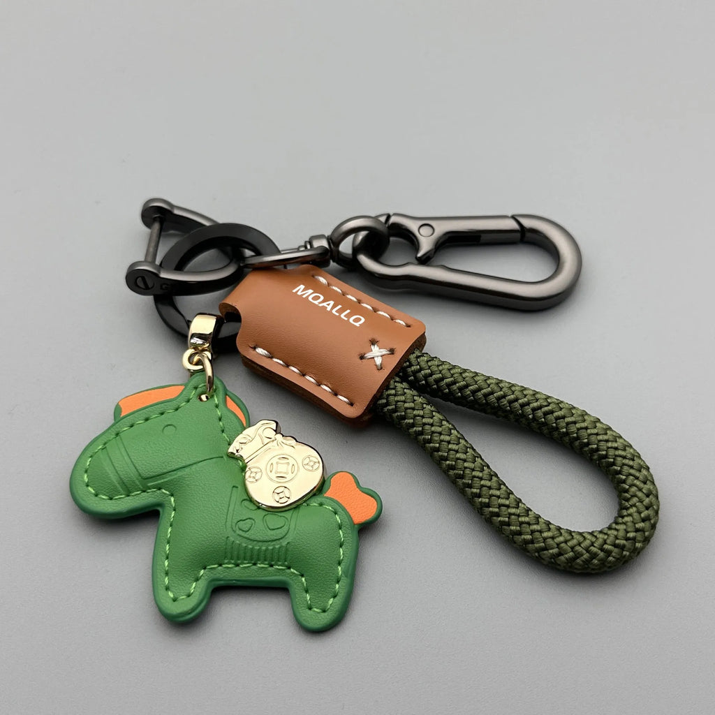 Handmade cowhide car key ring pendant with zinc alloy pony belt buckle and coloured flanelle rope