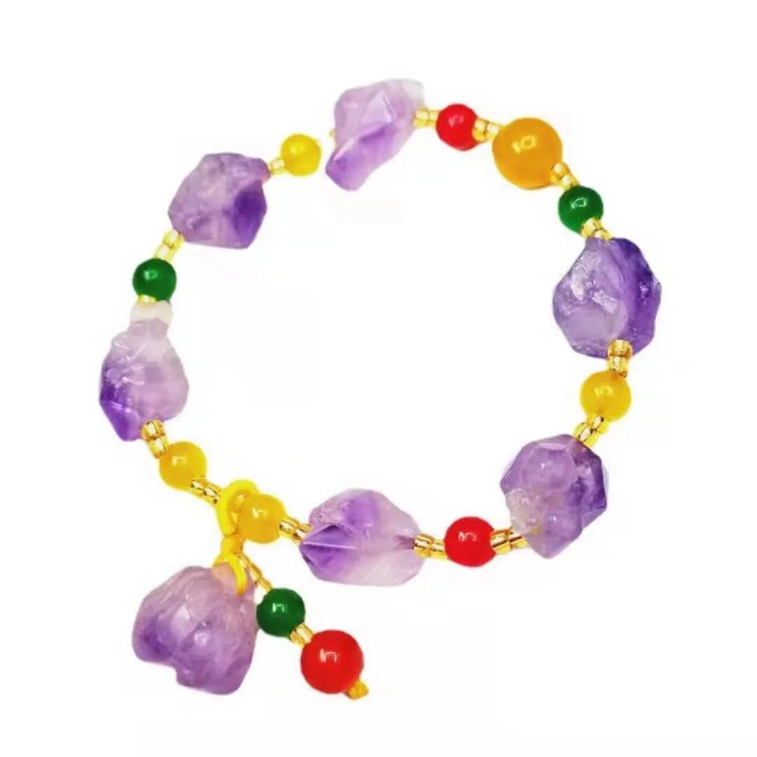Natural shaped amethyst bead bracelet with traditional fu character charm for women