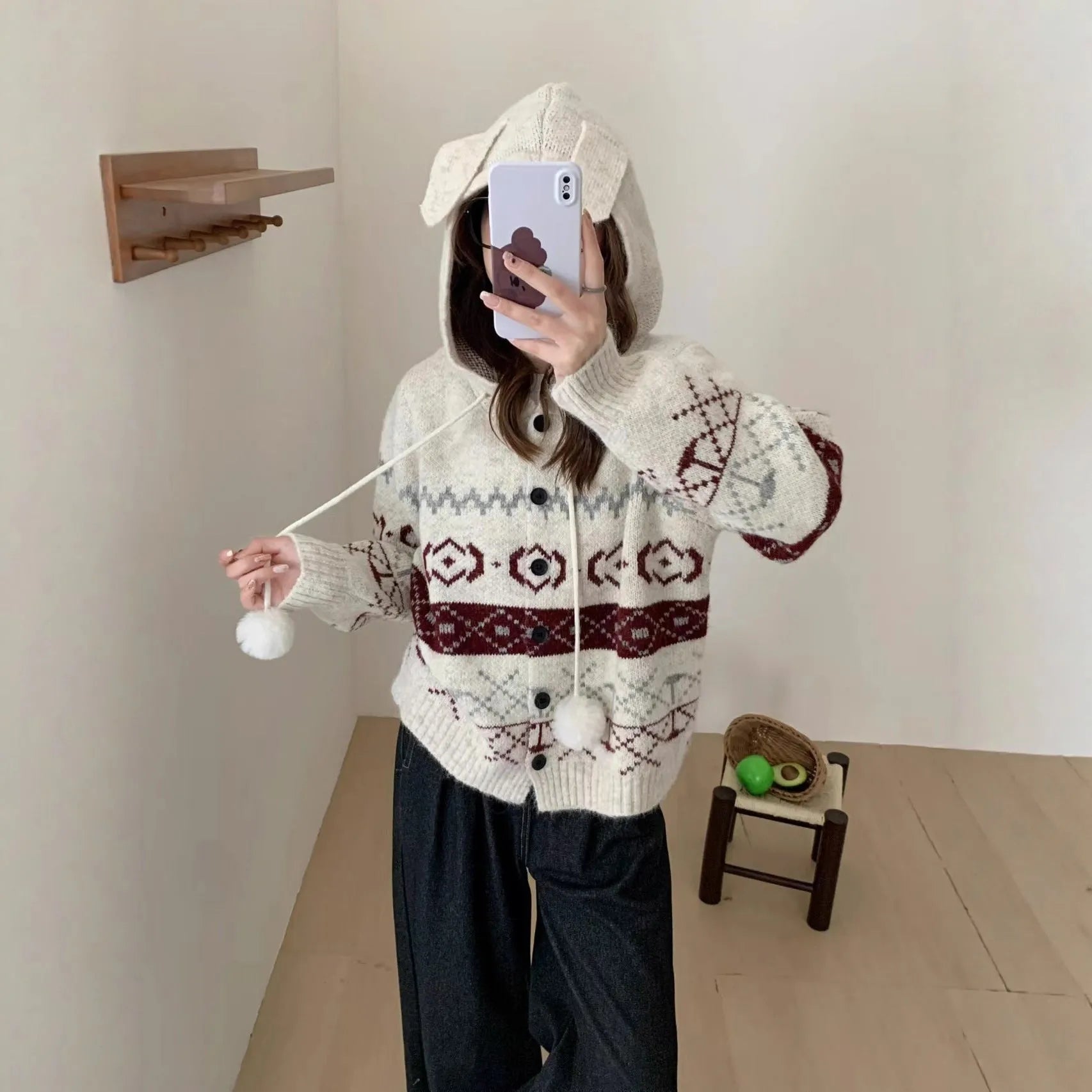 Geometric pattern brocade sweater coat for plus size women in milky white colour