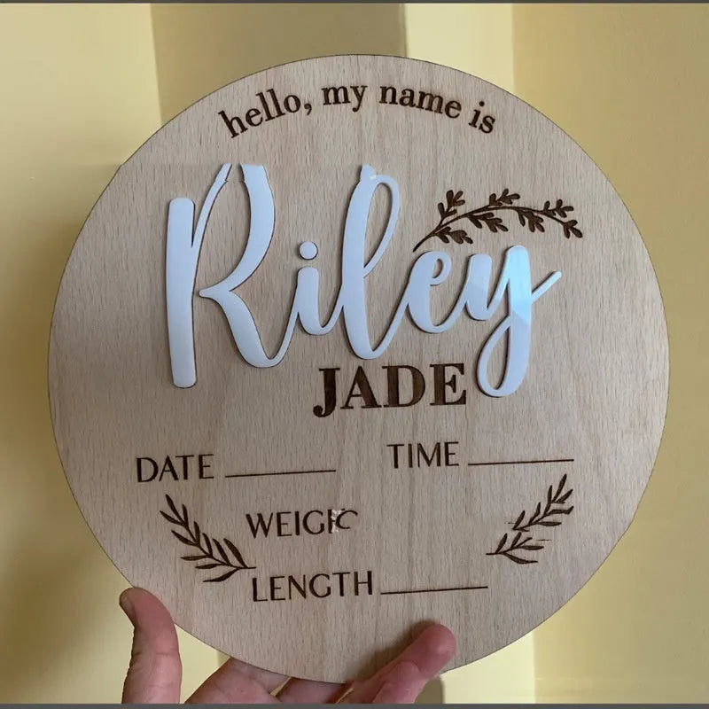 15cm square wooden baby birth announcement plaque with newborn name and information