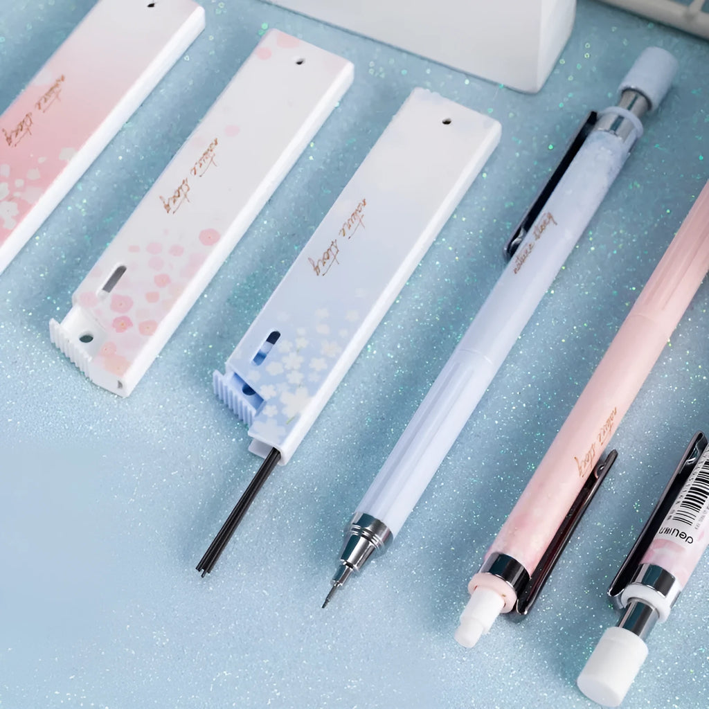 Cartoon automatic pencil set with three 0.5mm HB pencils and refill boxes in mixed colours
