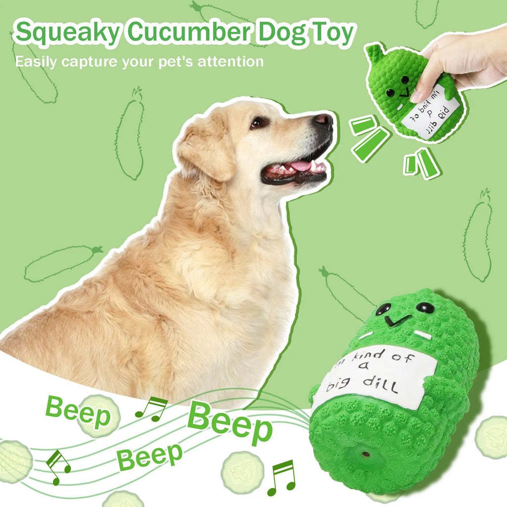 Green pickle shaped latex dog chew toy with textured surface and squeaker inside
