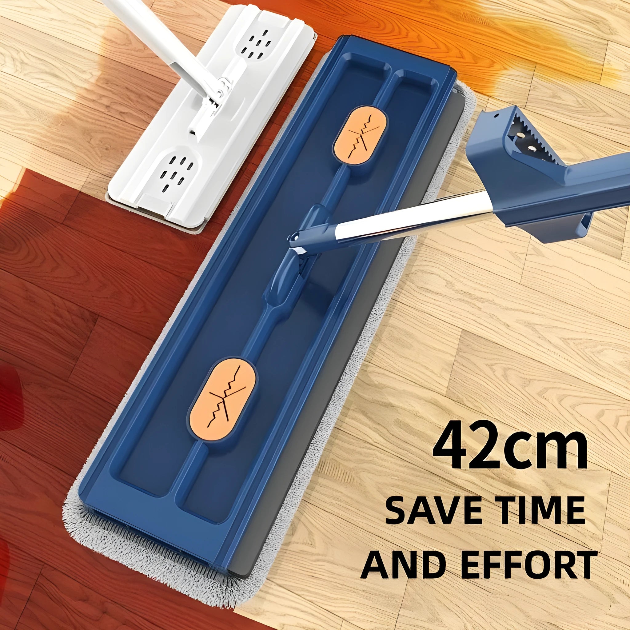 Large flat mop with long stainless steel handle and blue fine fibre cloth on hard floor