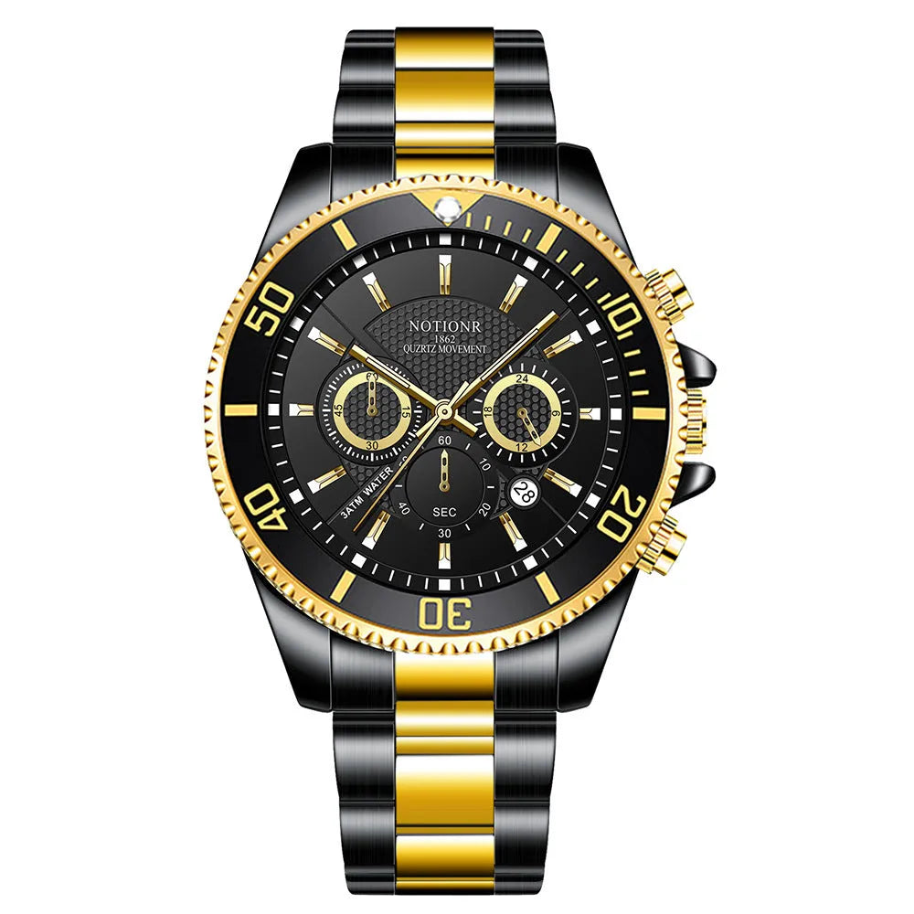 Men's gold green stainless steel quartz watch with luminous dial and calendar, 42mm, 30m water resistant