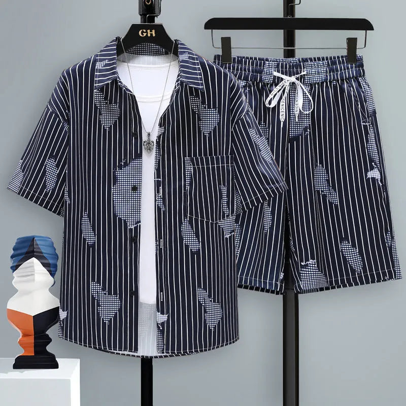 Men's casual sports two-piece set showing short sleeve top and matching shorts