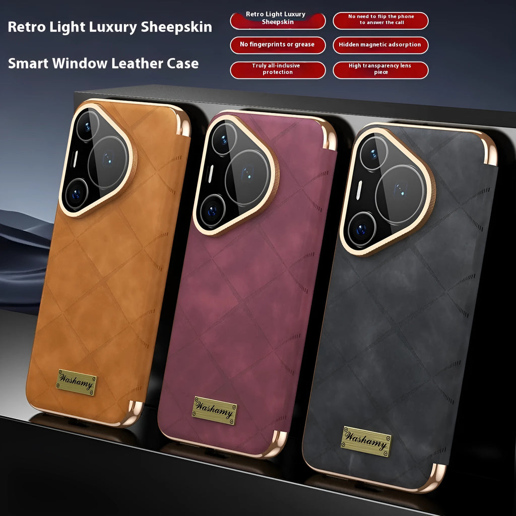 Electroplated diamond grid Huawei phone case in imitation leather with embossed luxury design