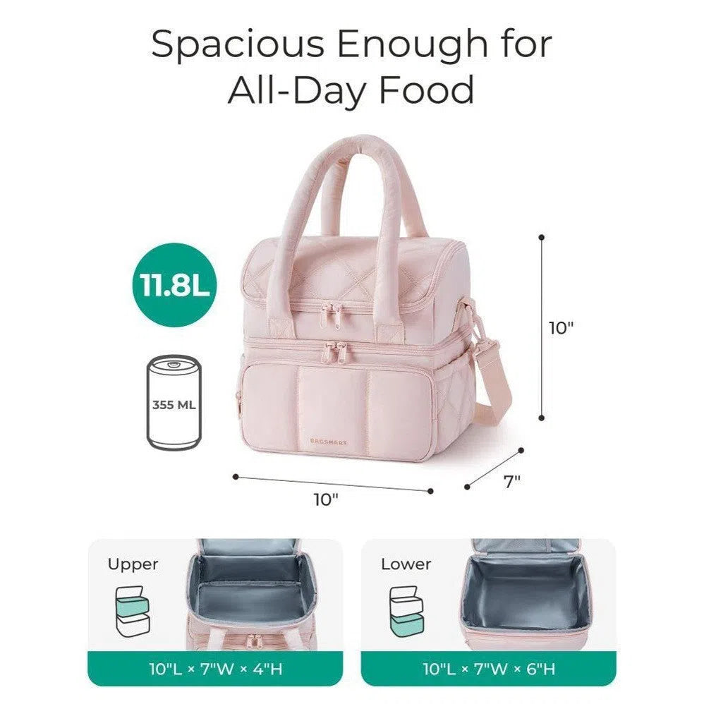 Double-layer insulated quilted pufferfish lunch bag in pink with curved shoulder straps and patchwork details