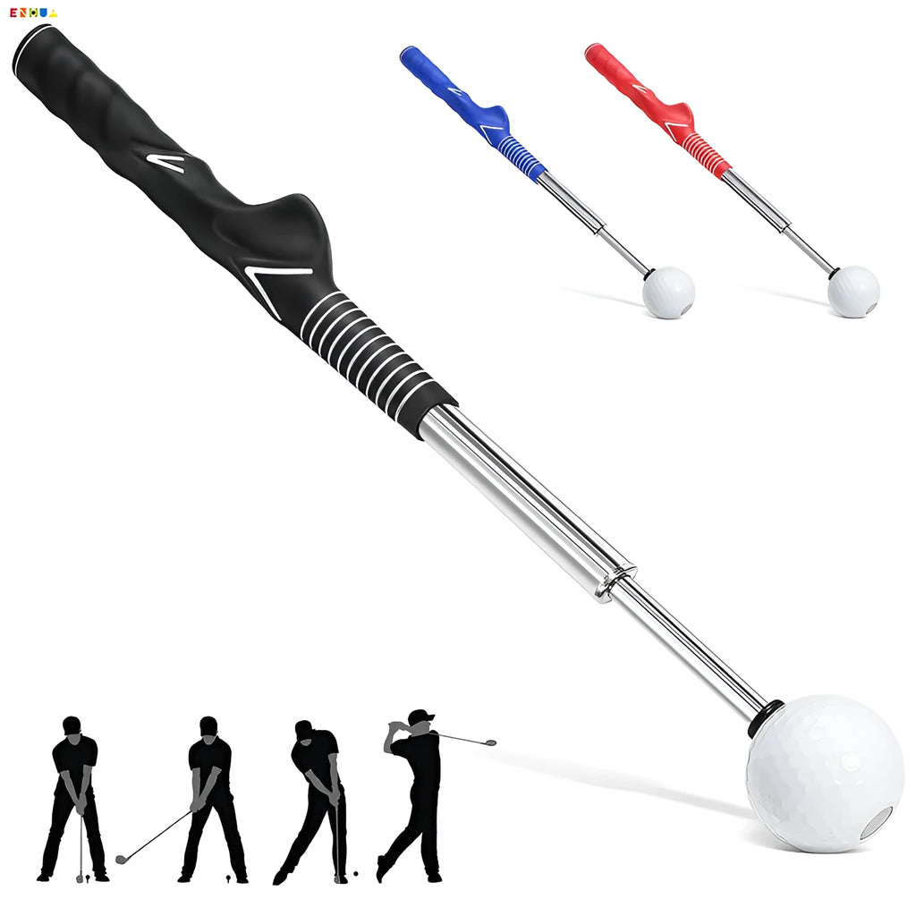 Telescopic stainless steel golf swing trainer simulator in black, blue, or red.