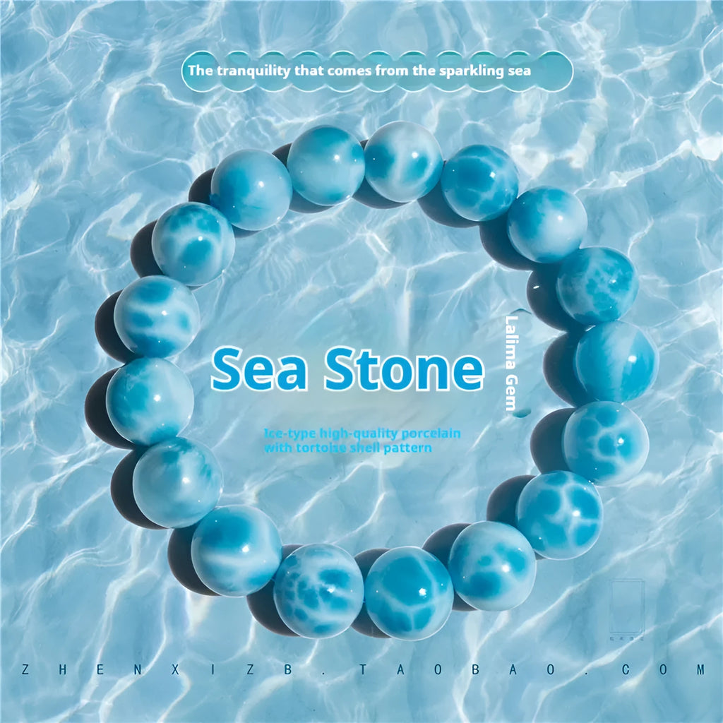 Blue natural bodhi bracelet with crystal sea-pattern stones and pearl accents in Maillard style
