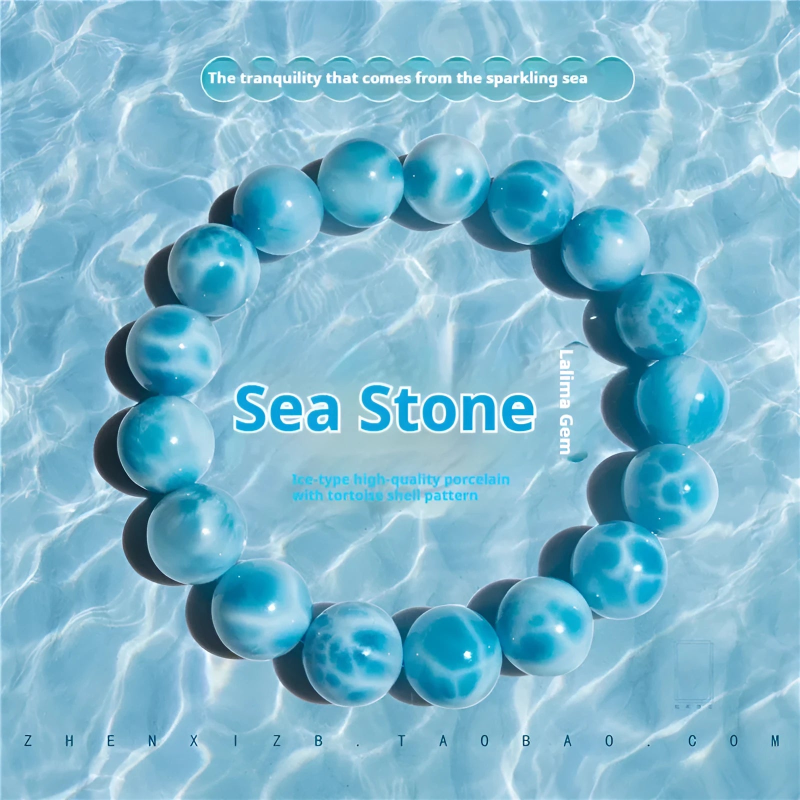 Blue natural bodhi bracelet with crystal sea-pattern stones and pearl accents in Maillard style