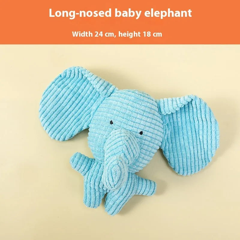 Bite-resistant plush puppy toy showing donkey, rechargeable duck, elephant, and dog styles.