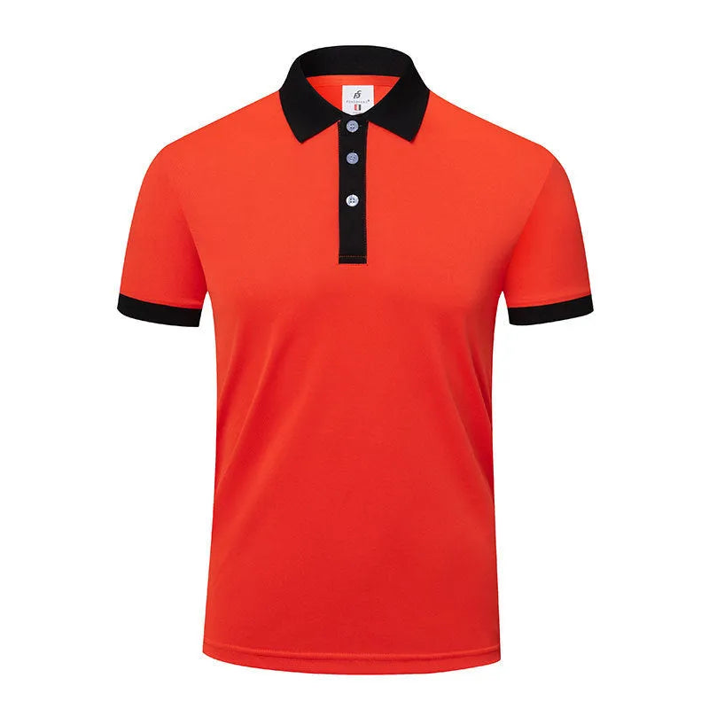 Men's and women's short sleeve lapel t-shirt in polyester, shown in multiple colour options.