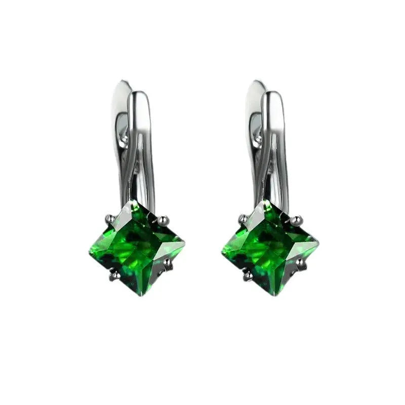 Women's copper earrings with inlaid zircon creating a diamond design, shown in blue, green, and colour options.