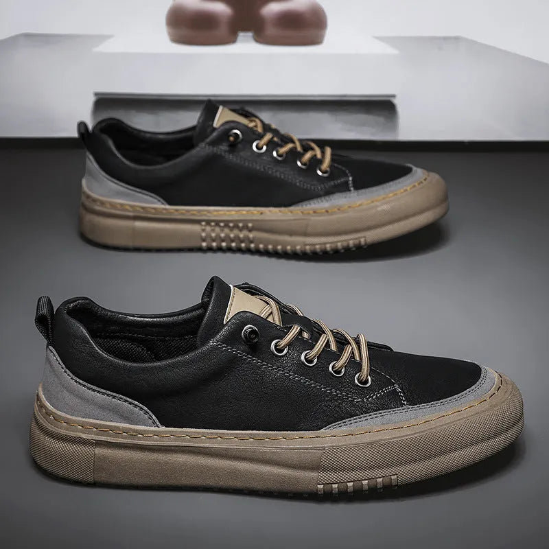 Men's black round toe leather casual shoes with lace-up front on a white background