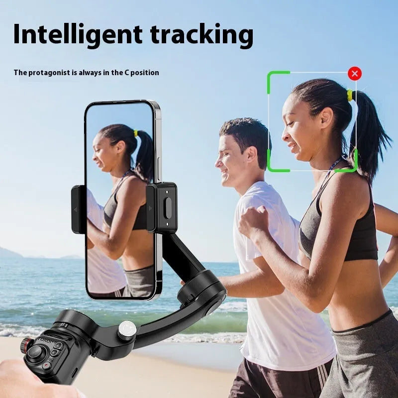 Intelligent AI three-axis head stabiliser tripod with AI tracking and light module in black, mounted on tripod