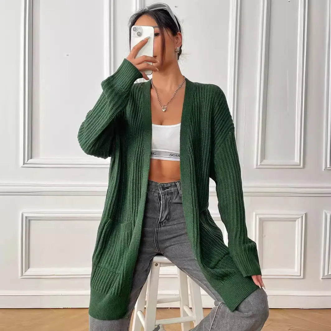 Women's double pocket acrylic cardigan in mid-length loose fit