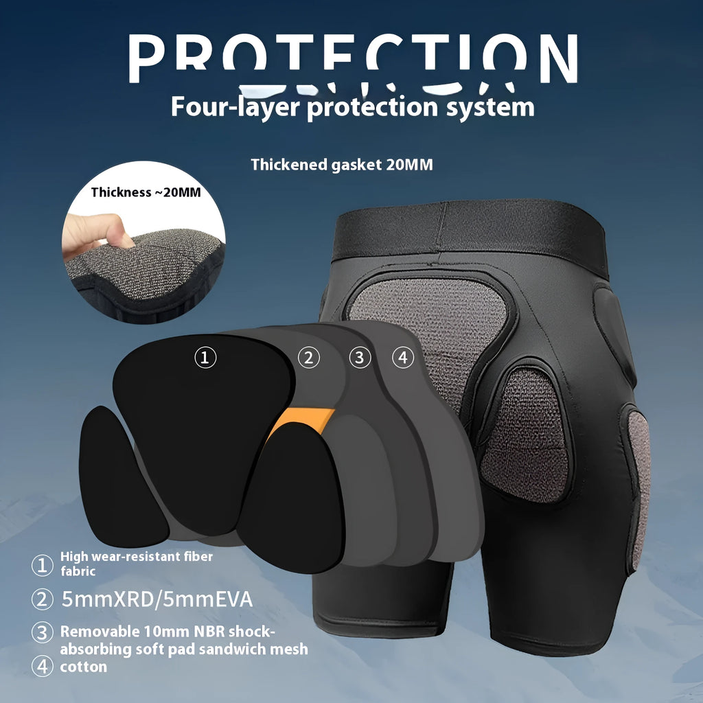 X-ray diffraction ski protective gear set showing slim hip pads and knee pads for multi-sport impact protection