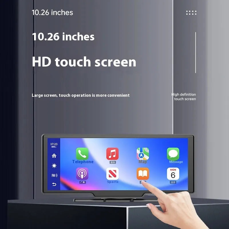 10-inch car smart screen and driving recorder unit with rear camera on dashboard.