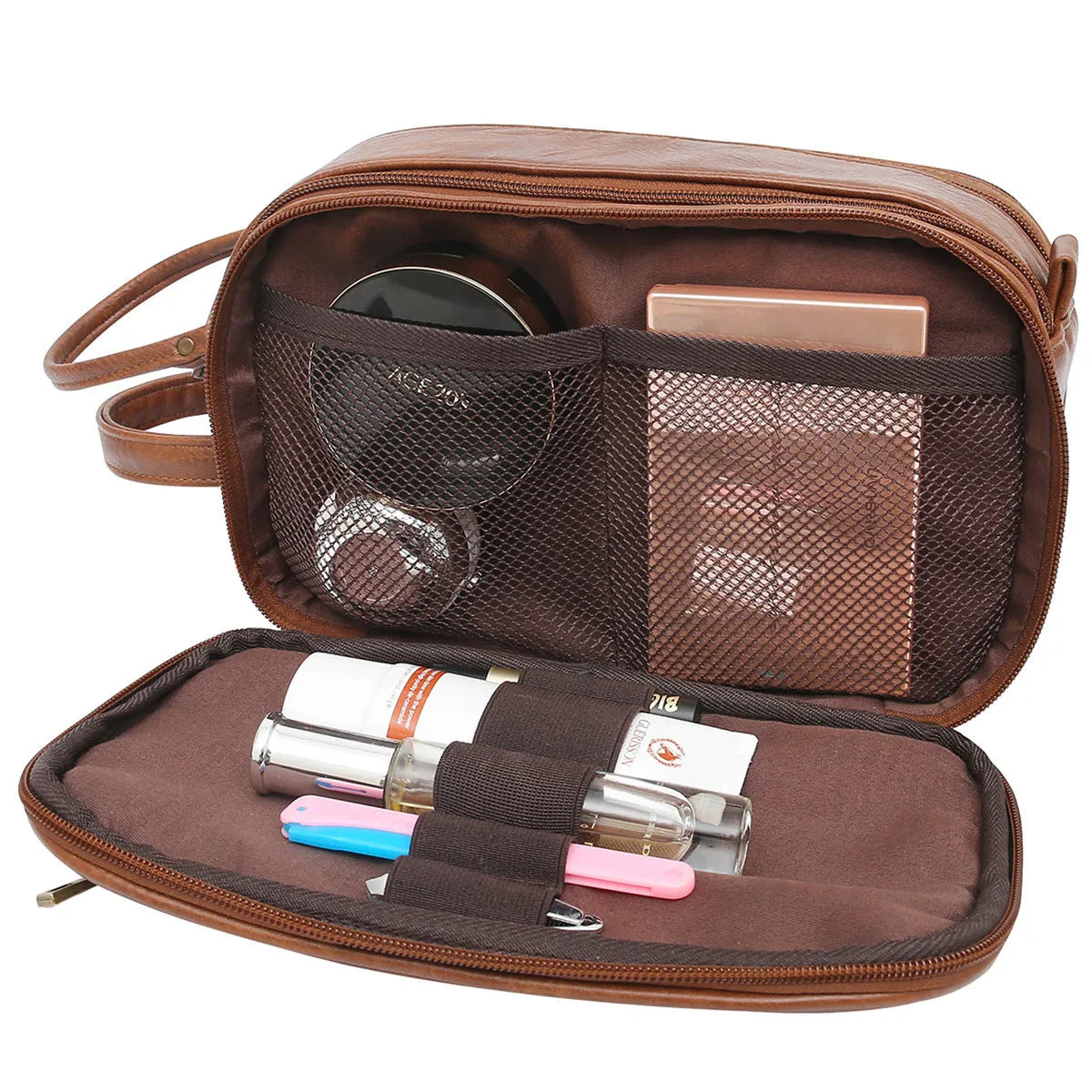 Men's solid colour black PU toiletry bag for travel storage, shown next to brown colour option.