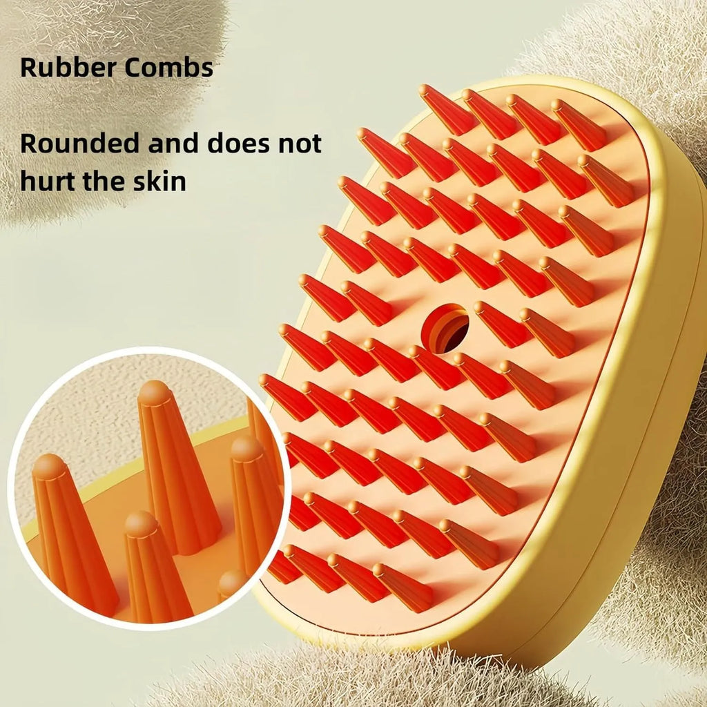 White pet steam brush with silicone teeth and water tank for cat and dog grooming