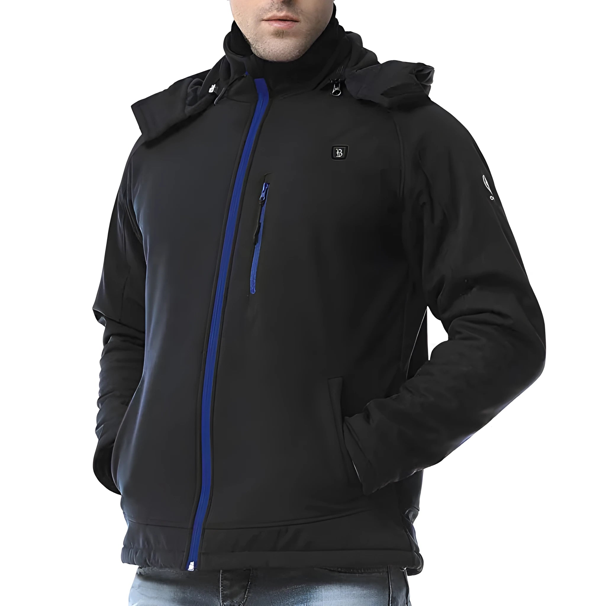 Black men's USB heating waterproof windproof winter coat with straight hem and long sleeves